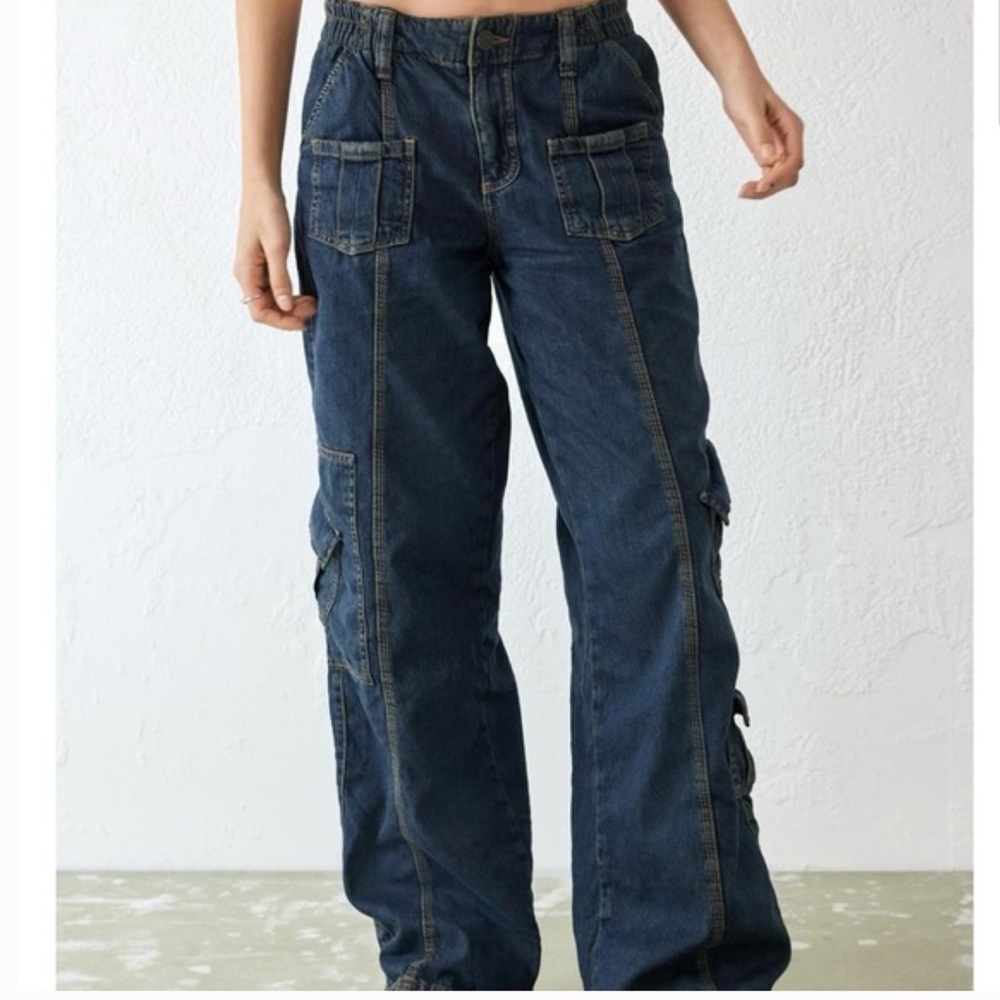 BDG Y2K Cargo Baggy Leg Blue Jeans Denim Mid-Waist Contrast Stitching Pants Sz M